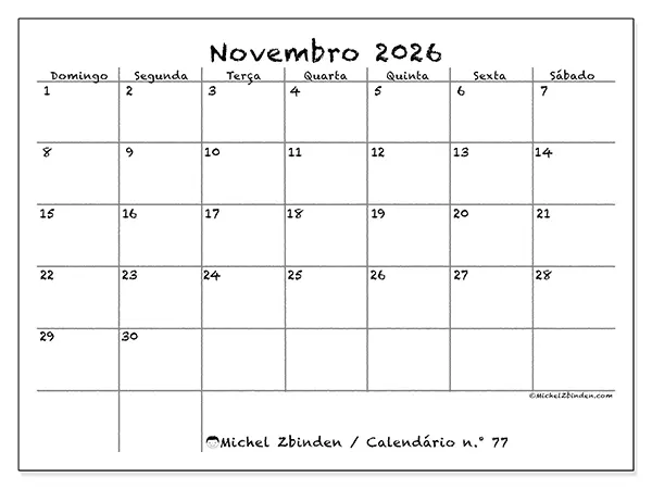 Calendário de novembro de 2026 para imprimir - Escola e família - Semana de domingo a sábado