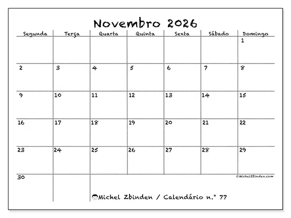 Calendário de novembro de 2026 para imprimir - Escola e família