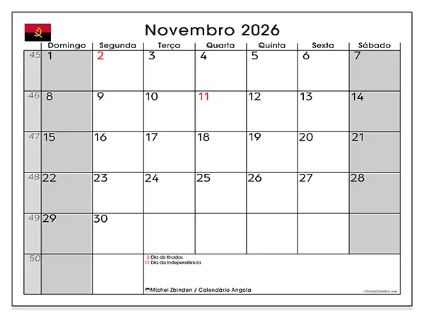 Calendário de novembro de 2026 para imprimir - Angola