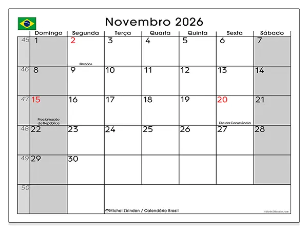 Calendário de novembro de 2026 para imprimir - Brasil