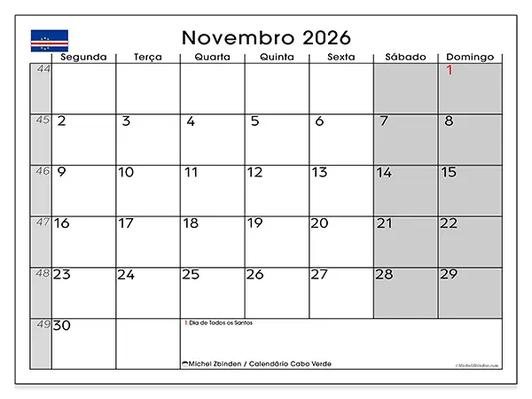 Calendário de novembro de 2026 para imprimir - Cabo Verde