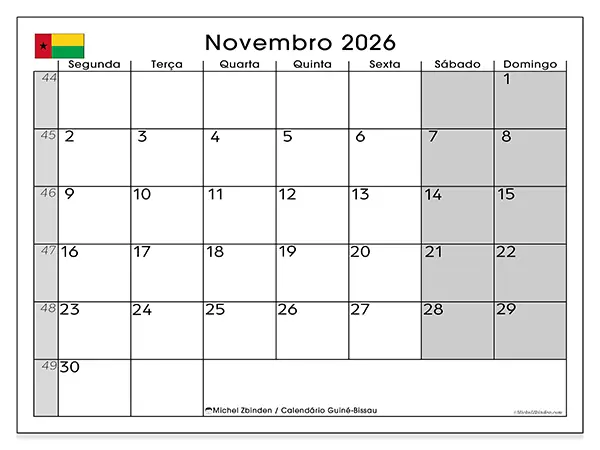 Calendário de novembro de 2026 para imprimir - Guiné-Bissau