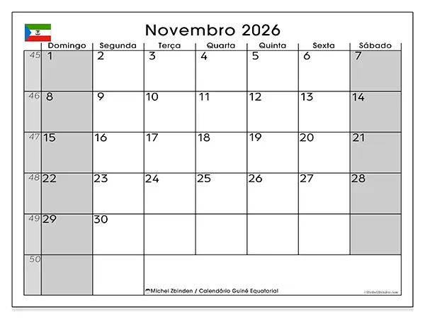 Calendário de novembro de 2026 para imprimir - Guiné Equatorial