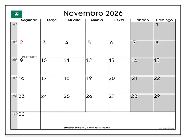 Calendário de novembro de 2026 para imprimir - Macau