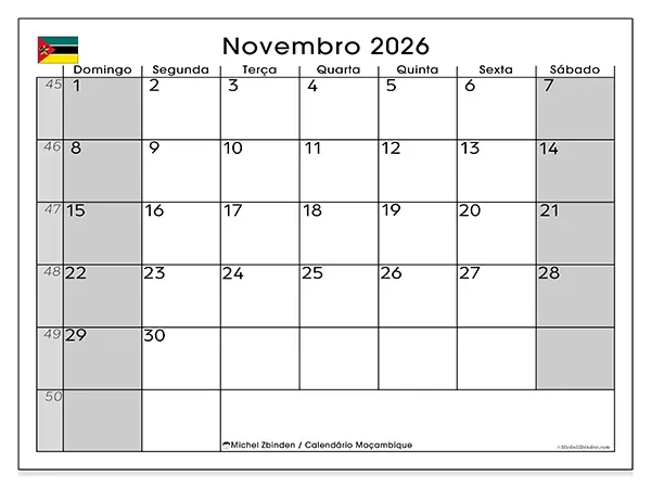 Calendário de novembro de 2026 para imprimir - Moçambique