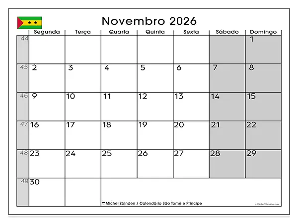 Calendário de novembro de 2026 para imprimir - São Tomé e Príncipe