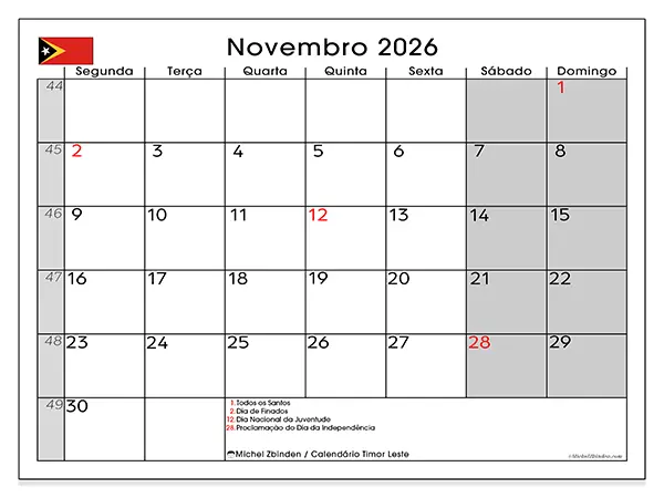 Calendário de novembro de 2026 para imprimir - Timor Leste