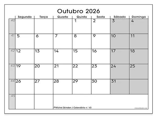Calendário de outubro de 2026 para imprimir - Organização perfeita