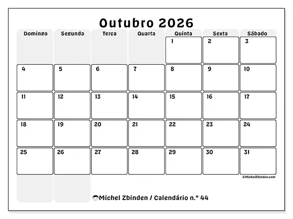 Calendário de outubro de 2026 para imprimir - Planeamento estruturado - Semana de domingo a sábado