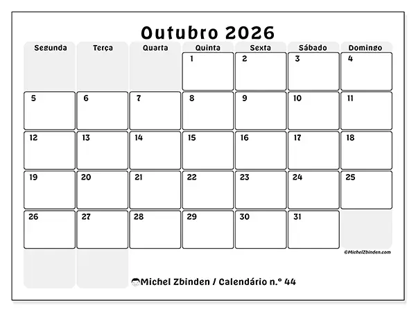 Calendário de outubro de 2026 para imprimir - Planeamento estruturado