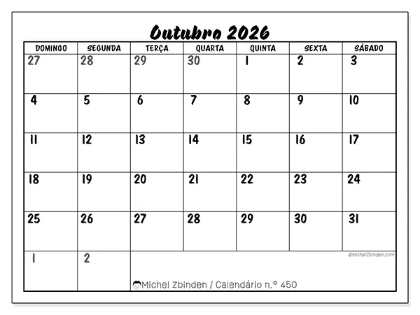 Calendário de outubro de 2026 para imprimir - Organização detalhada - Semana de domingo a sábado