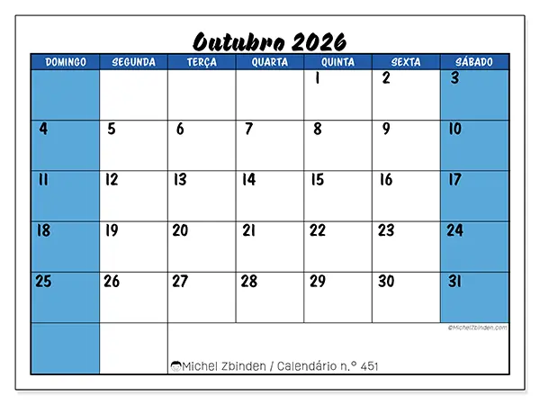 Calendário de outubro de 2026 para imprimir - Organização dinâmica - Semana de domingo a sábado