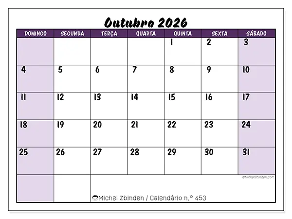 Calendário de outubro de 2026 para imprimir - Eficiência colorida - Semana de domingo a sábado