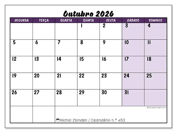 Calendário de outubro de 2026 para imprimir - Eficiência colorida