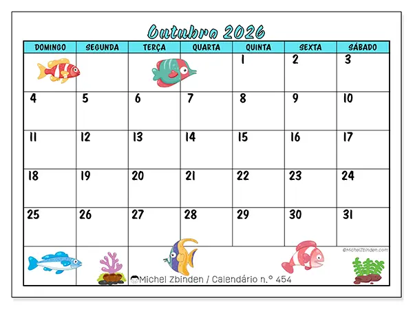 Calendário de outubro de 2026 para imprimir - Peixes coloridos - Semana de domingo a sábado