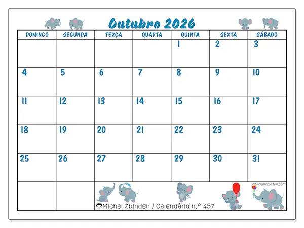 Calendário de outubro de 2026 para imprimir - Pequenos elefantes - Semana de domingo a sábado