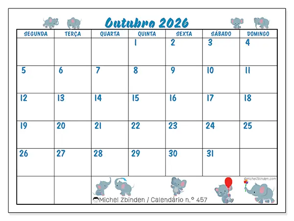 Calendário de outubro de 2026 para imprimir - Pequenos elefantes