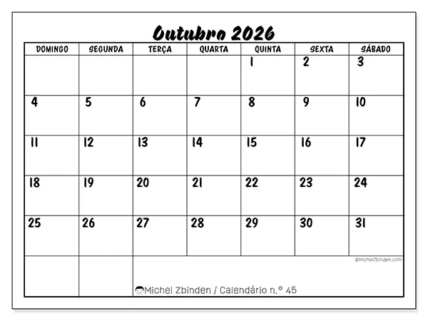 Calendário de outubro de 2026 para imprimir - Sucesso escolar - Semana de domingo a sábado