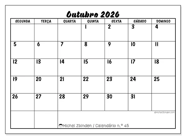 Calendário de outubro de 2026 para imprimir - Sucesso escolar
