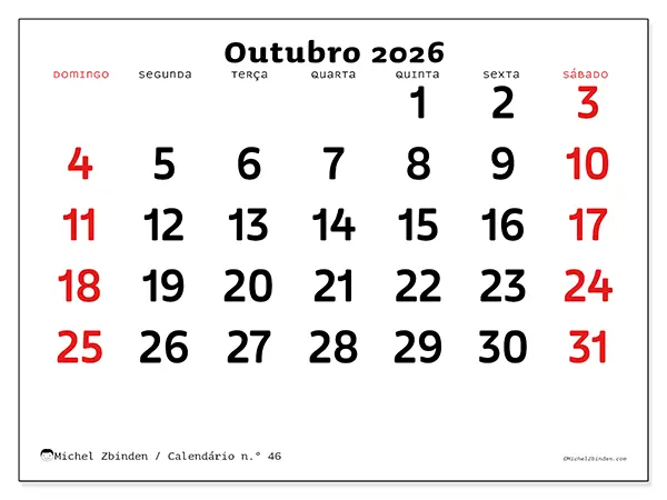 Calendário de outubro de 2026 para imprimir - Visão clara - Semana de domingo a sábado