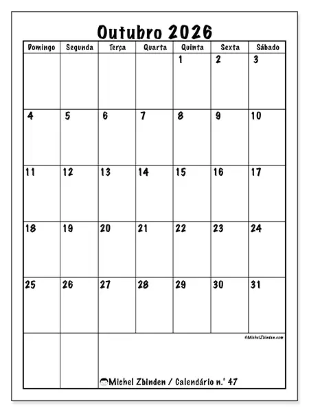Calendário de outubro de 2026 para imprimir - Planeamento eficiente - Semana de domingo a sábado