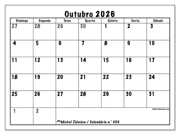 Calendário de outubro de 2026 para imprimir - Planeamento completo - Semana de domingo a sábado