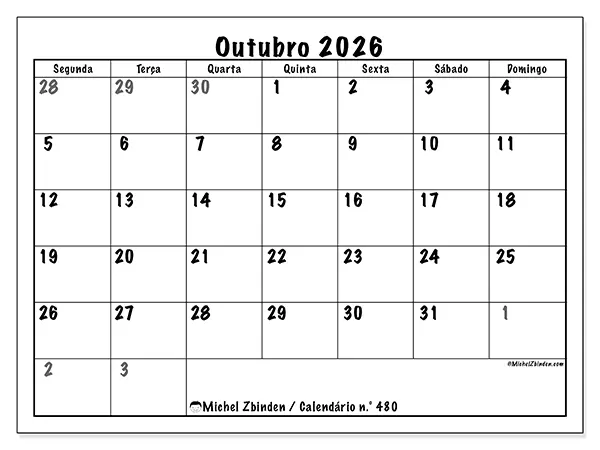 Calendário de outubro de 2026 para imprimir - Planeamento completo