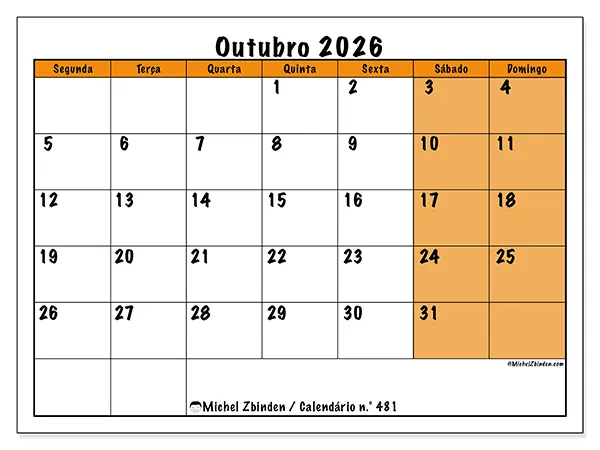 Calendário de outubro de 2026 para imprimir - Planeamento dinâmico