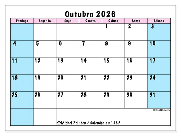 Calendário de outubro de 2026 para imprimir - Horário de equipa - Semana de domingo a sábado