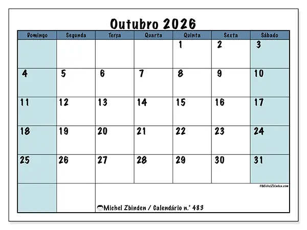 Calendário de outubro de 2026 para imprimir - Estrutura para a escola - Semana de domingo a sábado