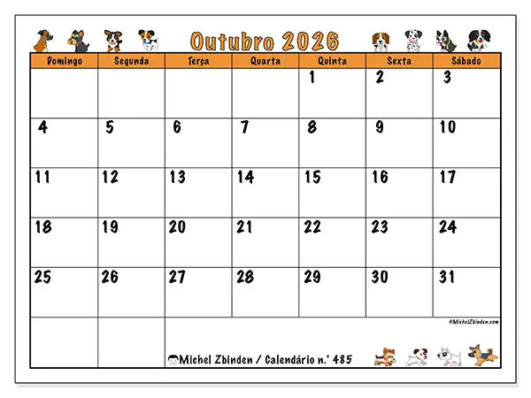 Calendário de outubro de 2026 para imprimir - Cães entusiasmados - Semana de domingo a sábado