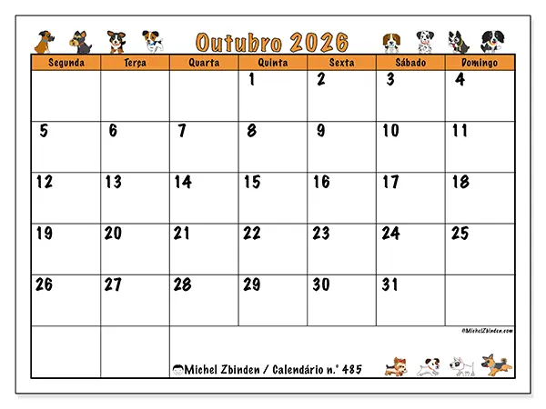 Calendário de outubro de 2026 para imprimir - Cães entusiasmados