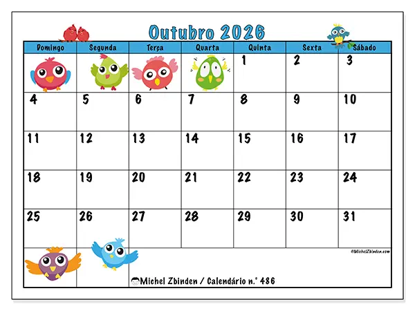 Calendário de outubro de 2026 para imprimir - Pássaros divertidos - Semana de domingo a sábado