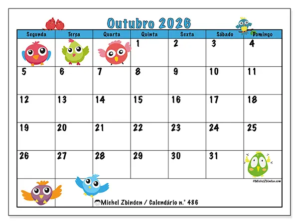 Calendário de outubro de 2026 para imprimir - Pássaros divertidos