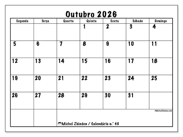 Calendário de outubro de 2026 para imprimir - Eficiência diária