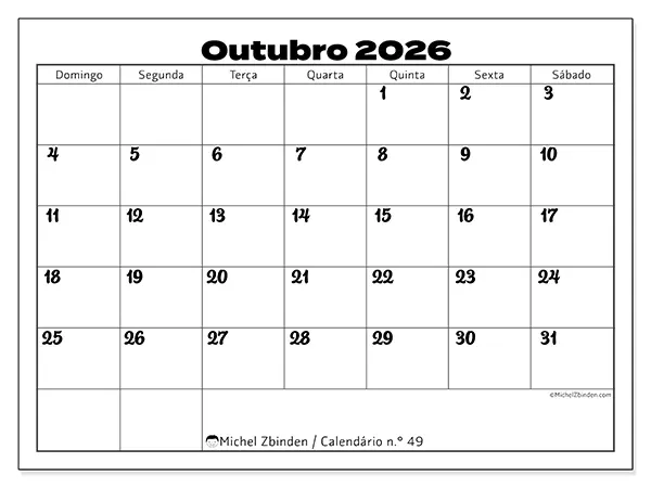 Calendário de outubro de 2026 para imprimir - Coordenação produtiva - Semana de domingo a sábado