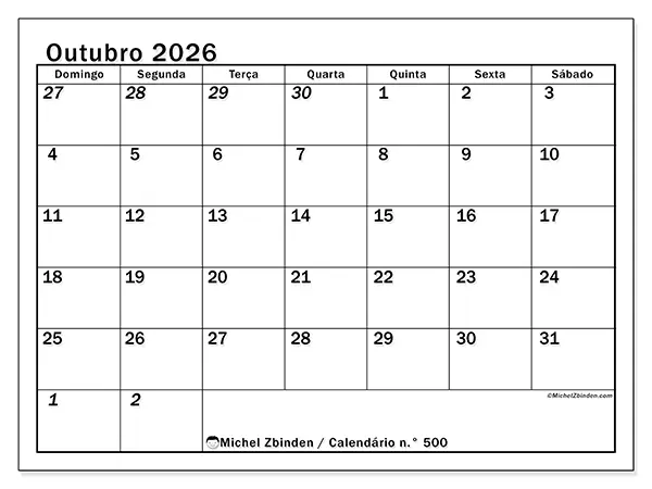 Calendário de outubro de 2026 para imprimir - Planeamento intensivo - Semana de domingo a sábado