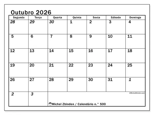 Calendário de outubro de 2026 para imprimir - Planeamento intensivo
