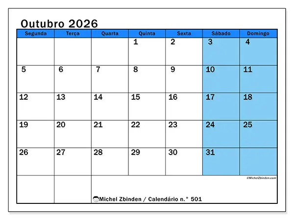 Calendário de outubro de 2026 para imprimir - Estudos dinâmicos