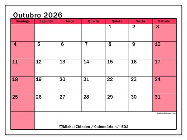 Calendário de outubro de 2026 para imprimir - Gestão luminosa - Semana de domingo a sábado