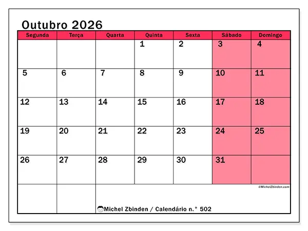 Calendário de outubro de 2026 para imprimir - Gestão luminosa