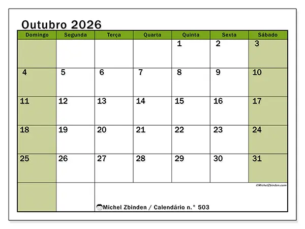 Calendário de outubro de 2026 para imprimir - Organização viva - Semana de domingo a sábado