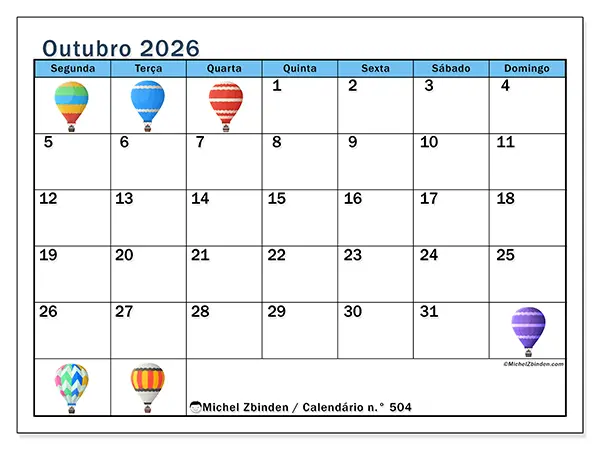 Calendário de outubro de 2026 para imprimir - Balões de ar quente