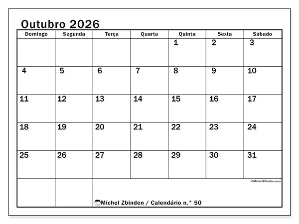 Calendário de outubro de 2026 para imprimir - Planeamento ideal - Semana de domingo a sábado