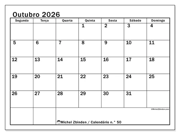 Calendário de outubro de 2026 para imprimir - Planeamento ideal