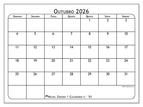 Calendário de outubro de 2026 para imprimir - Planeador de refeições - Semana de domingo a sábado