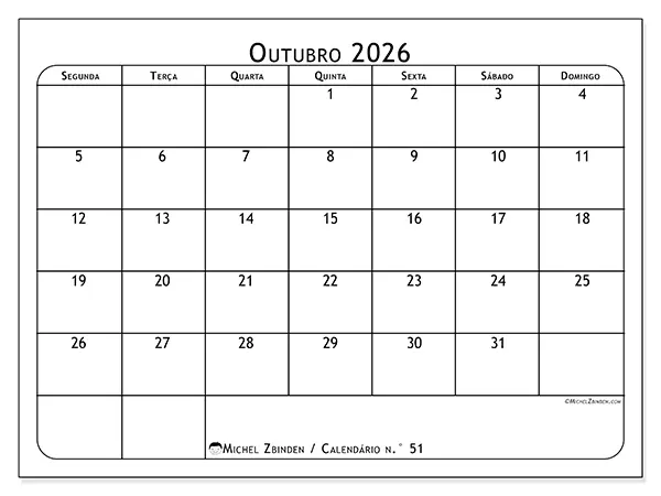 Calendário de outubro de 2026 para imprimir - Planeador de refeições