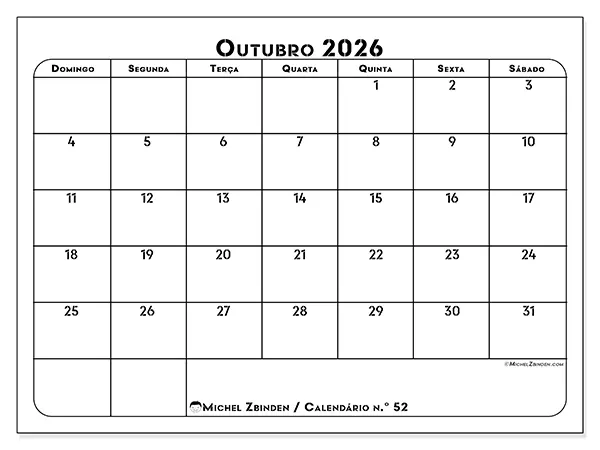 Calendário de outubro de 2026 para imprimir - Organização profissional - Semana de domingo a sábado