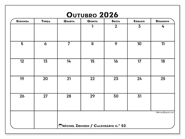Calendário de outubro de 2026 para imprimir - Organização profissional