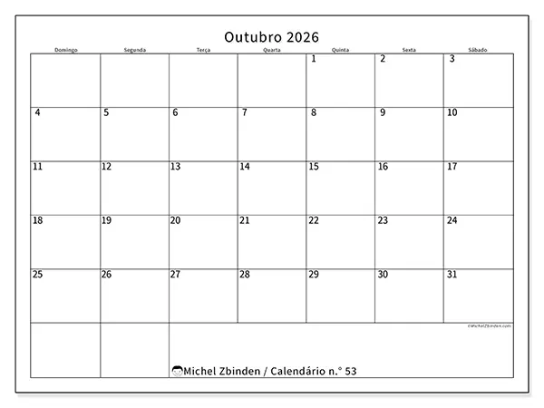 Calendário de outubro de 2026 para imprimir - Horário eficiente - Semana de domingo a sábado